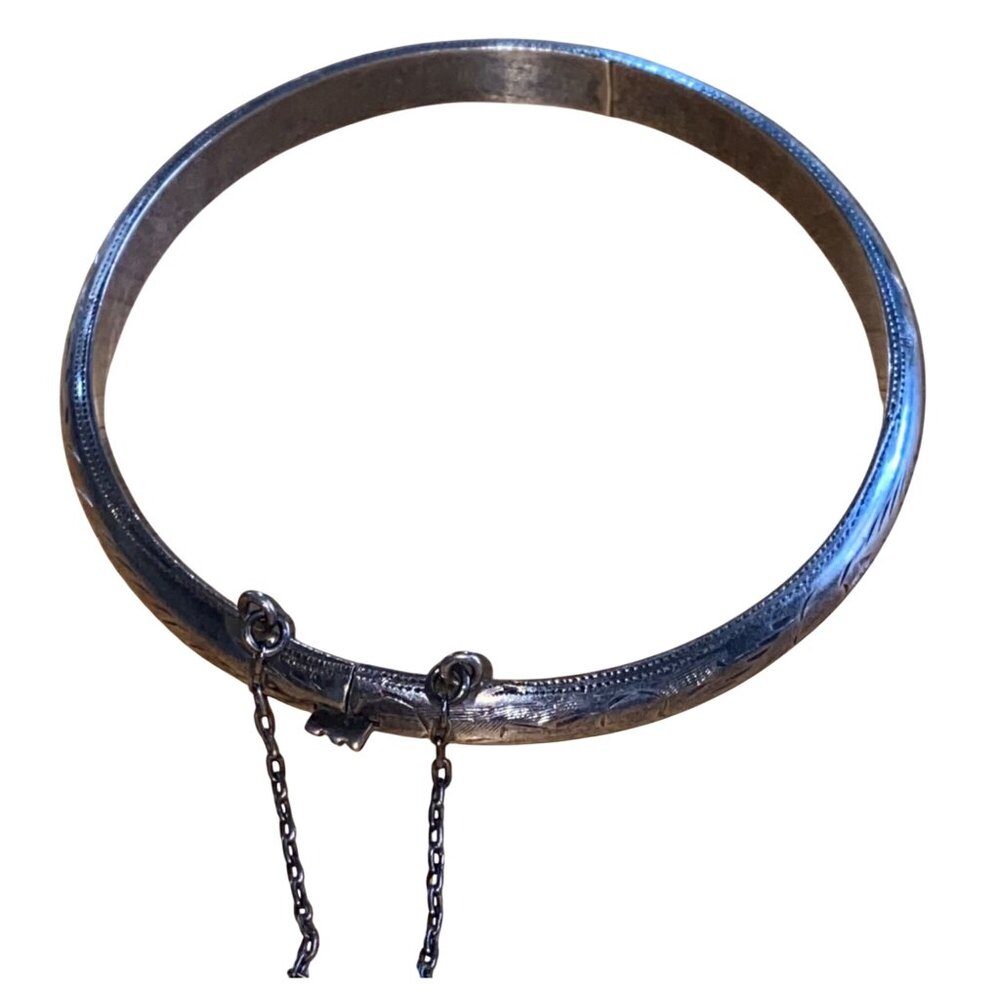 Vintage 925 Sterling Silver Engraved Bangle Bracelet With Safety Chain